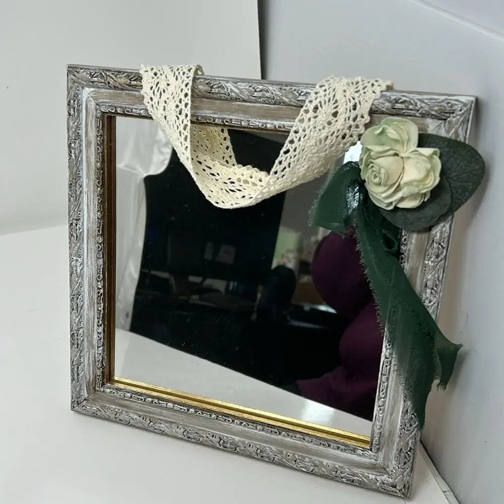 Hand Painted & Distressed Mirror Paper Rose & Green Chiffon Bow